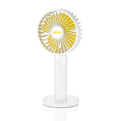Abbildung von Unold 86620 Breezy II White Handventilator Weiß, tragbarer Mini Ventilator, Standfuß, Akku bis 8 Std, inkl. USB Ladekabel