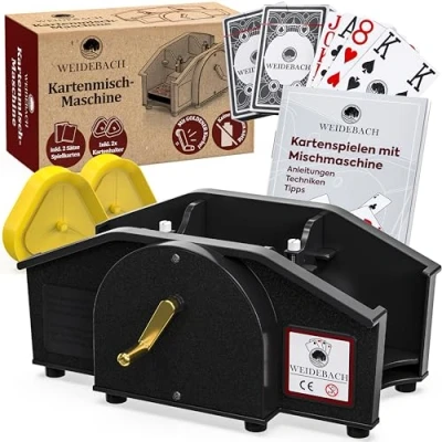 Abbildung von Weidebach® Schwarze Kartenmischmaschine mit Goldener Kurbel für alle Standard Kartenspiele, Kartenmischer 2X Kartenspielen &amp; Ersatzkurbel, Karten Mischgerät Buch lustige Spieleabende