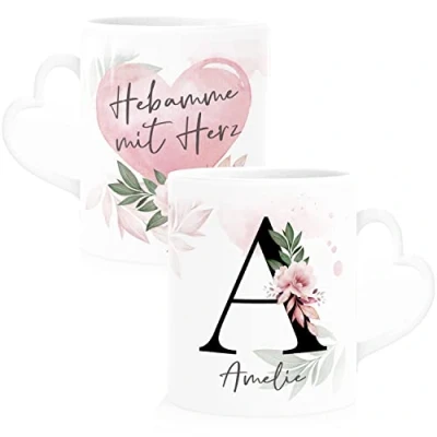 Abbildung von SpecialMe® Kaffee Tasse mit Name Spruch Herz Henkel Initiale Monogramm Dankeschön personalisierte Geschenke Hebamme weiß