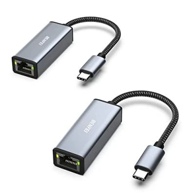 Abbildung von BENFEI USB C zu Ethernet Adapter [Nylongeflochten&amp;Aluminum Alloy], 2 Stück Typ [Thunderbolt 3/4] RJ45 LAN Netzwerk Kompatibel für iPhone 15 Pro/Max MacBook Pro/Air 2023 iPad iMac usw