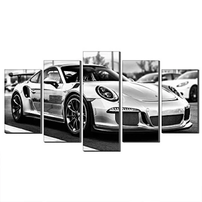 Abbildung von Annick Goutal Porsche 911 GT3 RS Sportwagen Leinwand Ölgemälde Wandkunst 5 Panels Schwarz Weiß Thema Bild Kunstwerk Für Wohnkultur (Kein Rahmen,75 x 150 cm)