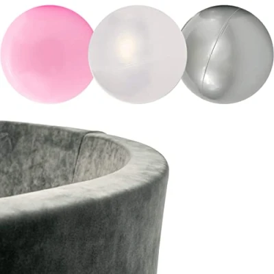 Abbildung von MISIOO Velvet Bällebad Kinder für Baby Zimmer 150 Bälle Spielzeug Maschinenwaschbar Öko Tex 90 x 30 cm Hellgrau Rosa Weiß und Silber