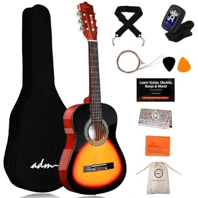 Abbildung von ADM 1/2 Kinder Konzertgitarren Set, 86,4 cm, Junior Gitarren Set für Anfänger mit Gigbag, Stimmgerät, Gurt, Plektren, zusätzlichen Saiten, Aufbewahrungstasche und Reinigungstuch (Peachy Sun)