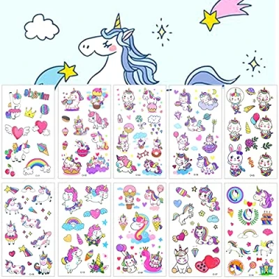 Abbildung von Tattoo Kinder, 10 Blätter Einhorn Tattoos Set, Temporäre Kinder Aufkleber, Wasserdichte Kindertattoos, Kindertattoos Sticker für Mädchen/Jungen Kindergeburtstag Mitgebsel Party