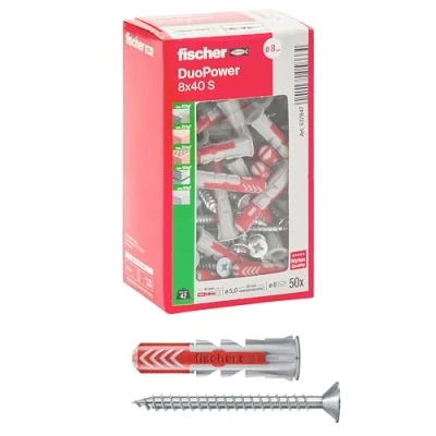 Abbildung von Fischer 50 x Dübel mit Schraube DuoPower 8 40 mm, für Mauern, Lochstein, Gipskarton, 537647