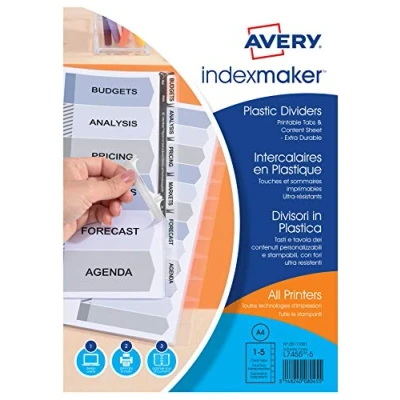 Abbildung von AVERY Zweckform 5111081 Ordner Register in DIN A4 (mit Euro Lochung, 5 teilig, Kunststoff Taben, blanko Register, individualisierbar durch bedruckbare Etiketten, für alle geeignet)