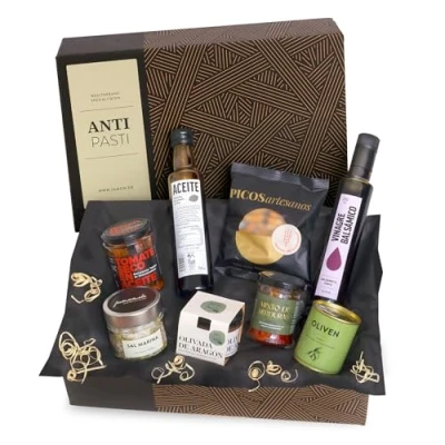 Abbildung von Antipasti Vegane Delikatessen Präsentbox Mediterran Genießen mit Antipasti, nativem Olivenöl Extra, Balsamico &amp; Meersalz Leckere Geschenkidee von GESCHENKVOLL