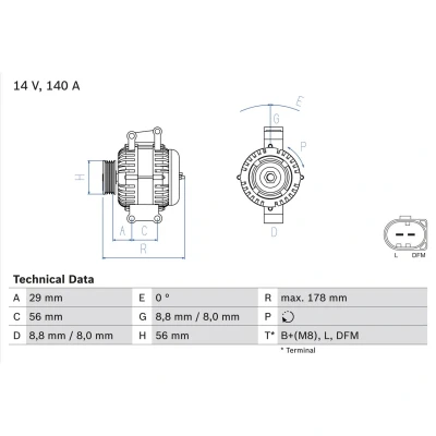 Abbildung von BOSCH 0 986 046 180 Lichtmaschine 14V 140A AUDI: A4 B7 Limousine, A6 C5 Avant, B6 VOLKSWAGEN: Tiguan I, Passat Variant, GOLF 6