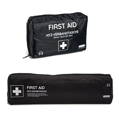 Abbildung von KFZ Verbandtasche DIN 13164:2022 Verbandskasten Auto Erste Hilfe Kasten Verbandkasten PKW Motorrad Set Schwarz Verbandstasche