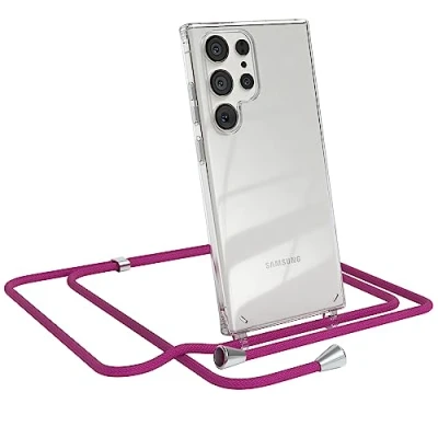 Abbildung von EAZY CASE Handykette kompatibel mit Samsung Galaxy S23 Ultra Kette zum Umhängen für Hülle Band aus Silikon stoßfeste transparente Handyhülle als Fallschutz in Pink