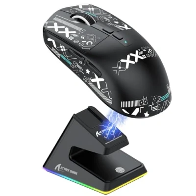 Abbildung von ATTACK SHARK X6 49g SUPERLIGHT Maus mit magnetischer Ladestation, PixArt PAW3395 Gaming Sensor, BT/2,4G kabellose/kabelgebundene Band, 26000 DPI, X3 Upgrade Mäuse für Win11 (Schwarziß)