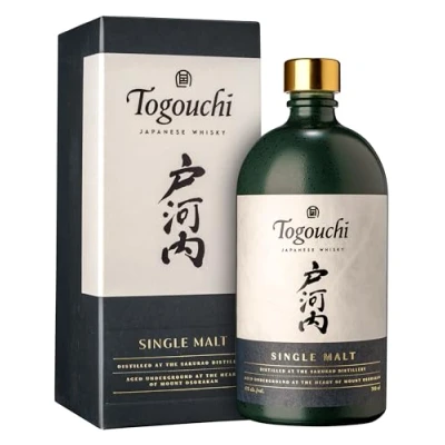 Abbildung von Togouchi Single Malt Japanese Whisky in Bourbon und Sherryfässern gereift nicht kühlgefiltert gefärbt Noten von Vanille, Apfel Kokosnuss 100% Gerste 43% Vol. 0,7 Liter