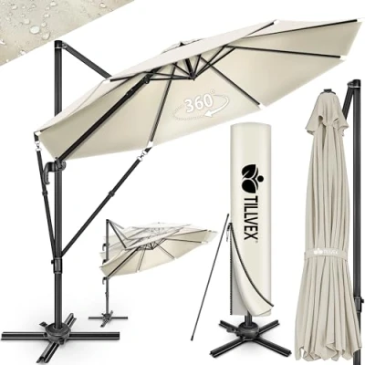 Abbildung von tillvex Sonnenschirm Premium Alu Ampelschirm 330 cm + Abdeckung &amp; Windsicherung, Series, Marktschirm 6 fach Verstellbar mit Kurbel 360 drehbar