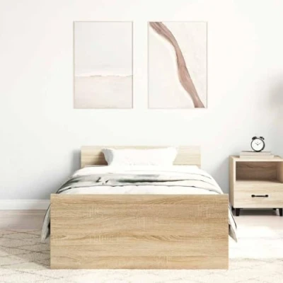 Abbildung von vidaXL Bettgestell, Bettrahmen mit Lattenrost, Bett Gästebett Kopfteil Fußteil, Einzelbett Schlafzimmerbett Schlafzimmermöbel, Sonoma Eiche 100x200cm Holzwerkstoff