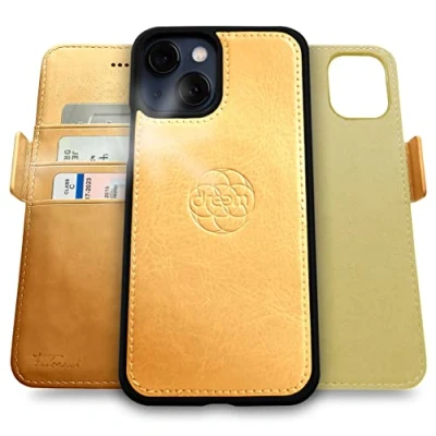 Abbildung von Dreem Fibonacci kompatibel mit iPhone 13 Brieftaschen Etui / 2 in 1 stoßfestes und abnehmbares Folio aus veganem Leder, MagSafe kompatibel, RFID Schutz [Gold]