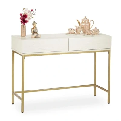 Abbildung von Relaxdays Konsolentisch, 2 Schubladen, Sideboard Flur, Wohnzimmer, Ablagetisch Holzoptik, HxBxT: 80x110x40 cm, weiß/gold