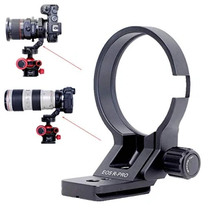 Abbildung von iShoot Stativschelle Stativring Objektiv Montage Stativ Halterungsring Halterung Stützring für Canon EF EOS R Mount Konverter Adapterring, unten ist Arca Swiss Fit Kameraplatte Schnellwechselplatte