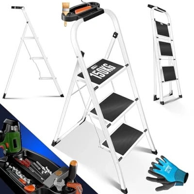 Abbildung von MASKO® Trittleiter Klappleiter 3 Stufen Leiter Stufenleiter belastbar bis 150 kg Tritthocker Anti Rutsch Klapptritt inkl. Handschuhe, Werkzeugablage &amp; automatisches Schloss, Weiß