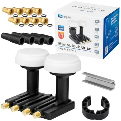 Abbildung von hb digital Monoblock Quad LNB UHD MB 404 S LNC für 4 Teilnehmer/Receiver Direkt 2 Satelliten Astra 19,2 Hotbird 13 Full HD TV 3D 4K + 8X F Stecker vergoldet 2X Gummitüllen 1x Montageschlüssel