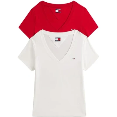 Abbildung von Tommy Jeans Damen 2er Pack T Shirts Kurzarm mit V Ausschnitt, Mehrfarbig (Ecru/Sapphire Red), L