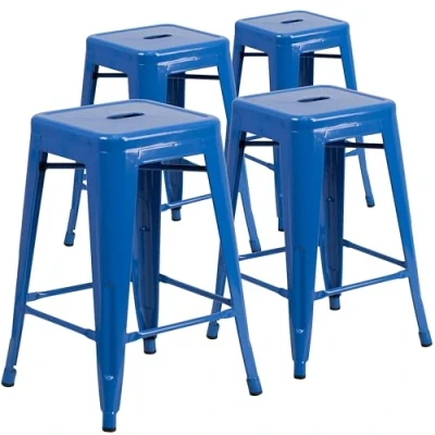 Abbildung von Flash Furniture Handelsübliche Qualität, 61 cm hoch, rückenfrei, Metall, für drinnen und draußen, Thekenhöhe mit quadratischem Sitz, verzinkter Stahl, Kunststoff, Blau, 4 Stück