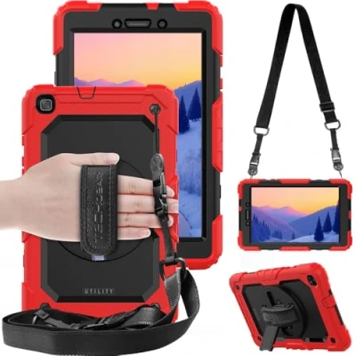 Abbildung von TECHGEAR Utility Gurt Hülle für Samsung Galaxy Tab A 8,0 Zoll 2019 (SM T290/T295) Robust Heavy Duty Stoßfeste Schutzhülle mit 360 Grad Schwenkständer, Hand Schultergurt eingebaut Bildschirm Rot
