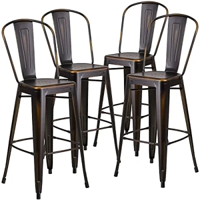 Abbildung von Flash Furniture Blake Barhocker mit Rückenlehne, kommerzielle Qualität, 76,2 cm hoch, Kupfer Metall, für drinnen und draußen, 4 Stück