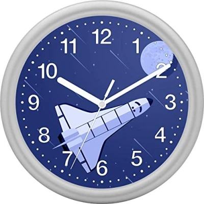 Abbildung von Eurotime Wanduhr für Jungen mit Rakete Space Shuttle, Silber, Quarzwanduhr, 25 cm, Kunststoffgehäuse und Kunststoffglas, 12 Zahlen Zifferblatt, geräuscharme Uhr, kein Ticken, 82135 07