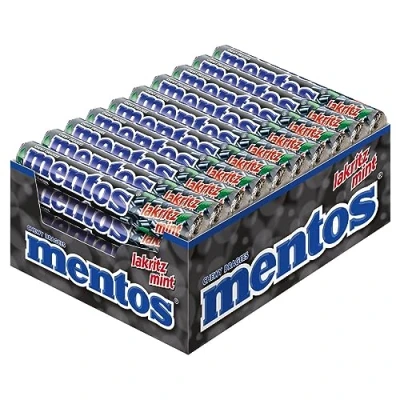 Abbildung von Mentos Kaubonbons Lakritz Mint, Dragees mit &amp; Minz Geschmack für frischen Atem, Bonbon Vorrats Packung, Verkaufsdisplay (40 Rollen à 38g)