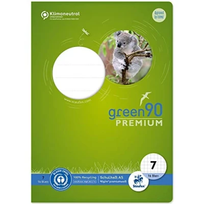 Abbildung von Staufen Green Heft DIN A5, Lineatur 7 (7mm kariert), 16 Blatt, premiumweißes 90g/m² Recyclingpapier, runde Ecken verhindern „Eselsohren“, 1 Stück