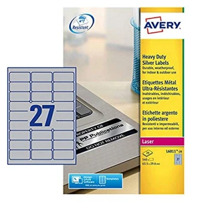 Abbildung von Avery L6011 20 Robuste Laseretiketten ( 27 Stück pro Blatt, 63,5 x 29,6 mm) 540 Etiketten in Silber