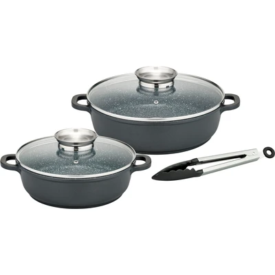 Abbildung von GSW Pfannen Set &quot;Gourmet Granit&quot;, Aluminiumguss, (Set, 5 tlg., 1x Servierpfanne mit Glasdeckel 24cm, 28cm, Servierzange), Aluminium Guss, VITAFLON GRANIT Antihaft Versiegelung, Induktion