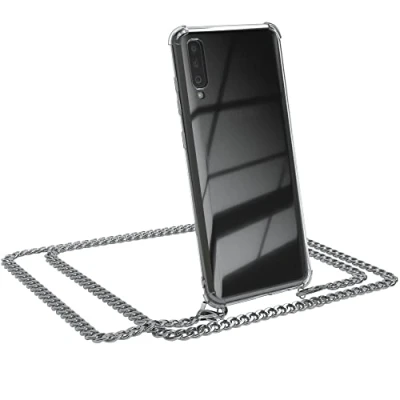 Abbildung von EAZY CASE Handykette kompatibel mit Samsung Galaxy A70 Handyhülle Metal Umhängeband und Ersatz Kordel schwarz, Handykordel Schutzhülle, Stylische Kette, Silber