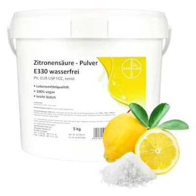 Abbildung von HERRLAN Zitronensäure Pulver in Lebensmittelqualität (E330) Entkalker (und Reinigungsmittel, [ 5 kg Für Limonaden, Fruchtsäfte und zum Backen I Qualität)