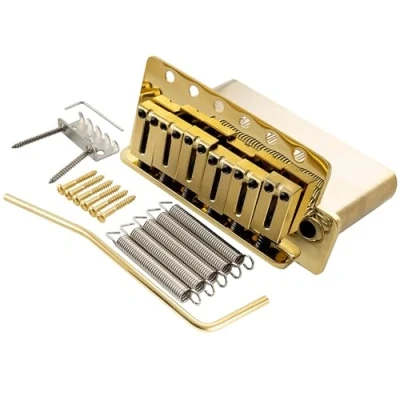 Abbildung von Musiclily Ultra 52,5mm Standard 6 Punkt ST Tremolo Bridge Steg mit Moderne Messing Saitenreiter 42mm Messingblock für Strat Style E Gitarre, Gold
