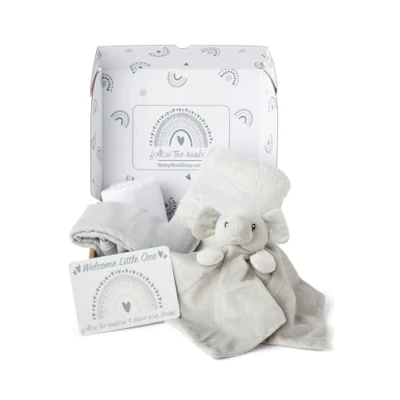 Abbildung von Baby Box Shop 5 Essentials für Neugeborene, ideal als Babyparty Geschenke und Taufgeschenke Babys, Unisex, Elefanten Babydecke, Fleecedecke, 2 x Musselin Tücher, Geschenkkarte