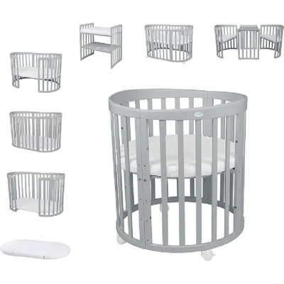 Abbildung von Waldin Oval Babybett Mitwachsend Komplett Set 7in1 Baby Gitterbett mit Matratze Babybetten Wickelkommode Bett Rollen Mitwachsendes Kinderbett Bed Beistellbett Holz