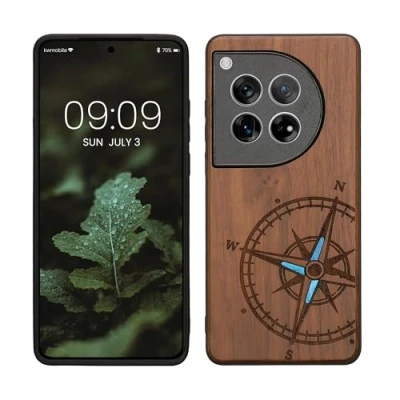 Abbildung von kwmobile Hülle kompatibel mit OnePlus 12 Holz Case Handy Cover TPU Handyhülle in Dunkelbraun Vintage Kompass Perlmutt