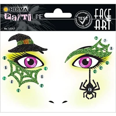 Abbildung von HERMA 15317 Face Art Sticker Hexe, dermatologisch getestet, ablösbare Glitzer Gesicht Aufkleber, temporäre Tattoos für Karneval Fasching Halloween Festival Kinder Geburtstag, grün