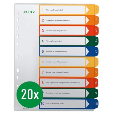 Abbildung von Leitz A4 Register, 10er Pack, 1 10, 10 Trennblätter, Beschriftbares Deckblatt, Extrabreit, PP, Mehrfarbig, 12930000