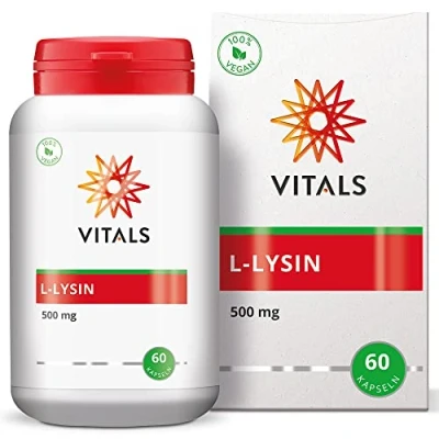 Abbildung von Vitals L Lysin 500mg 60 Kapseln. Essenzielle Aminosäure in einer pflanzlichen Kapsel, ergänzt mit einem Hilfsstoff aus natürlichen Quelle. 100% vegan.