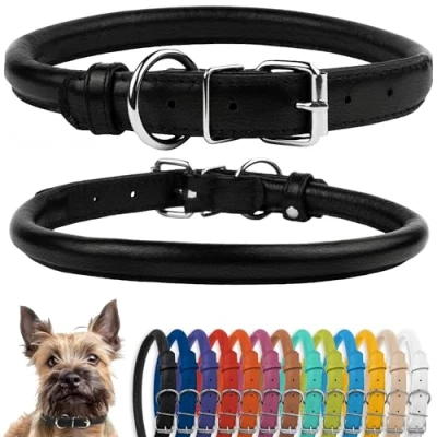 Abbildung von CollarDirect Rundes Leder Hundehalsband, weich gepolstert gerollt, handgefertigtes Echtleder Halsband für Hund Welpe Katze Klein Groß Schwarz Rosa Rot Lila Blau