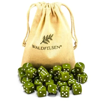 Abbildung von 6, 12, 20, 30 oder 50 hochqualitative Würfel von Waldfelsen® Standardgröße 16 mm Acrylwürfel Knobel Spielwürfel Dice 6 seitig sechsseitig Spielzubehör Set mit Stoffbeutel (Oliv, 12 Stück)