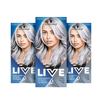 Abbildung von Schwarzkopf Live Ultra Bright oder Pastel Grau Haarfarbe, 3er Pack, semi permanente Farbe, hält bis zu 15 Wäschen 098 Silver Steel
