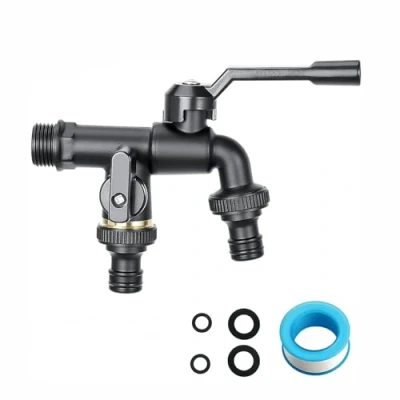 Abbildung von QHENS Wasserhahn Garten 1/2 Zoll, Messing Doppel Auslaufhahn Schwarz, Auslaufsichere, für Bewässerung, Waschmaschine, Waschen des Autos