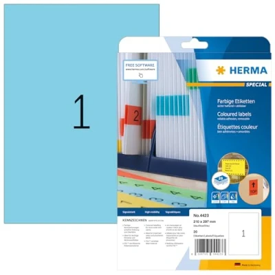 Abbildung von HERMA 4423 Farbige Etiketten blau ablösbar, 20 Blatt, 210 x 297 mm, 1 pro A4 Bogen, Stück, selbstklebend, bedruckbar, matt, blanko Papier Farbetiketten Aufkleber