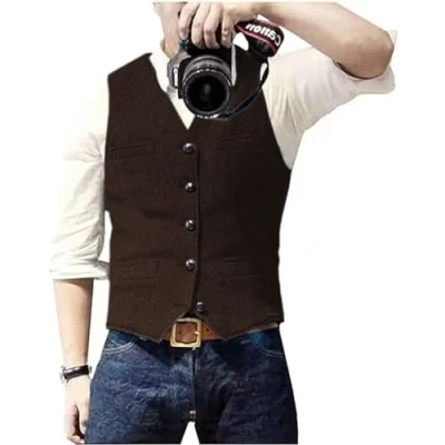 Abbildung von Solovedress Herren Casual Wolle Fischgrätmuster Anzug Weste V Ausschnitt Tweed für Hochzeit Groomsmen（Kaffee，XS