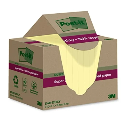 Abbildung von Post it Super Sticky 100 % Recycling Notes, 12 Blöcke, 70 Blätter pro Block, 76 mm x mm, Gelb Extra starke Haftnotizen aus Recyclingpapier