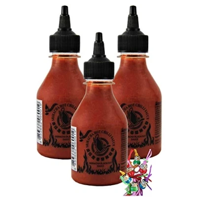 Abbildung von yoaxia ® 3er Pack [ 3x 200ml ] FLYING GOOSE Sriracha HOT Chilli BLACKOUT Sauce EXTREMELY Chilisauce + ein kleiner Glücksanhänger gratis