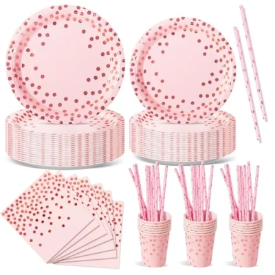 Abbildung von Nkaiso Partygeschirr 120 Stück Roségold Kindergeburtstag Mädchen Party Deko Zubehör Set ​Papier Geschirrset einschließlich Pappteller Servietten für Hochzeiten Jubiläums 24 Gäste